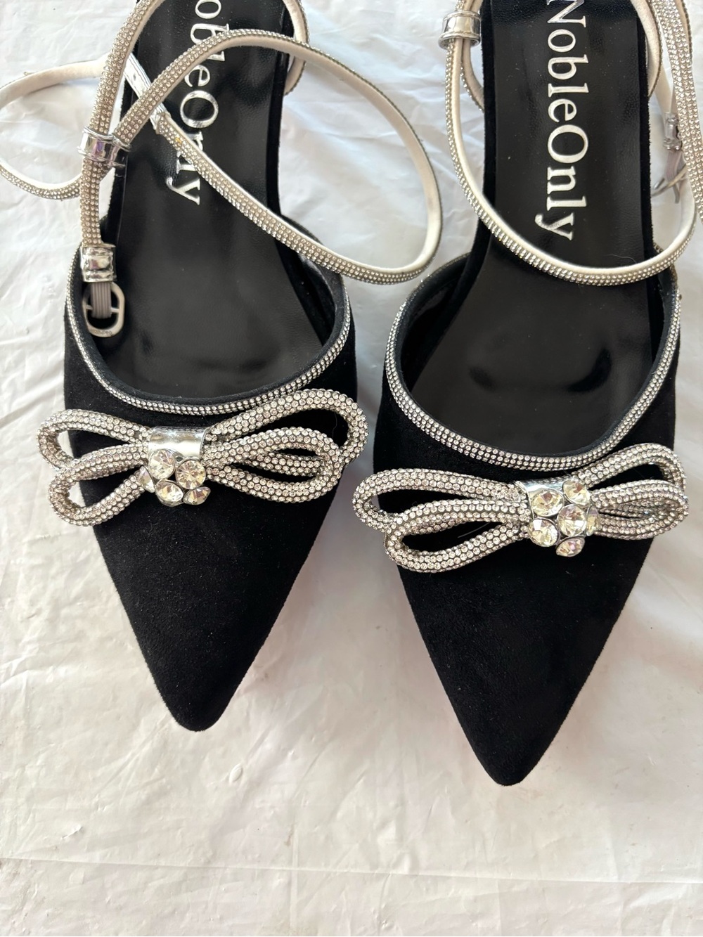 NWOT Noble Only Black Silver Rhinestone Bow Lace Up kitten Heel Sandals SZ 10 - Picture 4 of 15